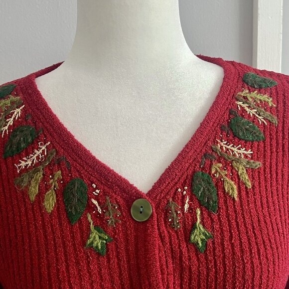Vintage April Cornell Red Green Leaf Embroidered Ribbed Cardigan Sweater sz S - Picture 2 of 4